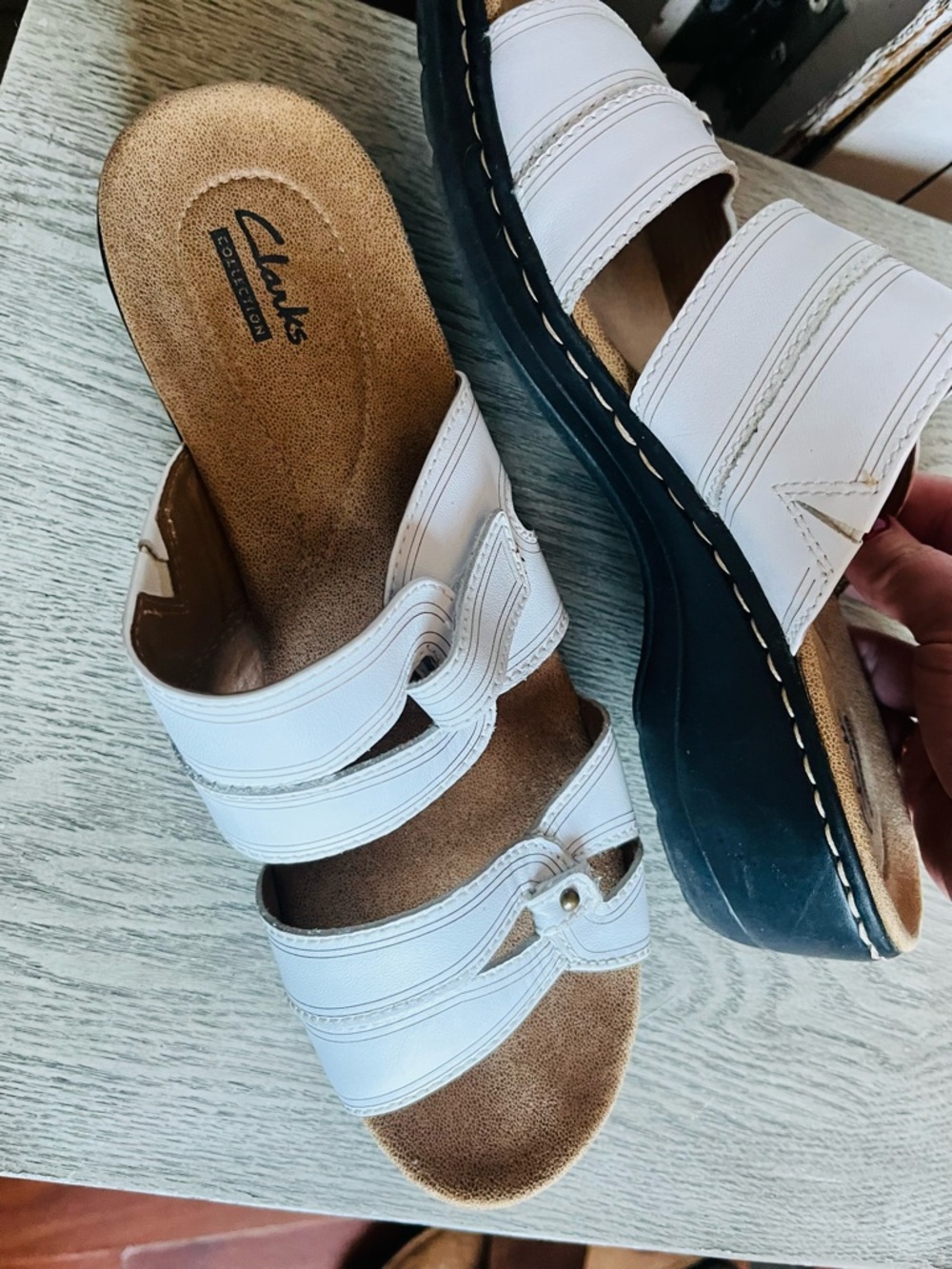 Clarks White Leather Slide Mules Size 9